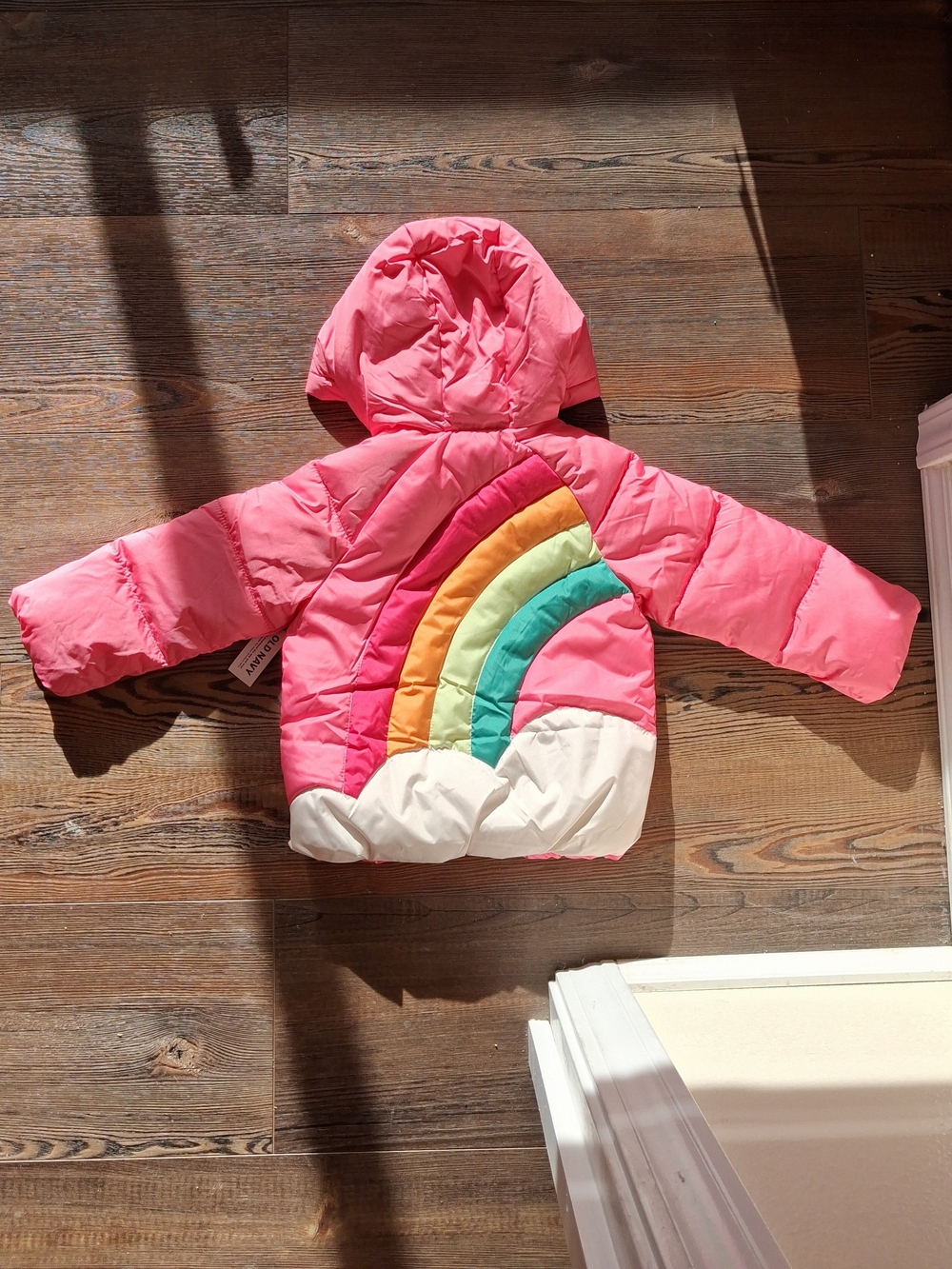 Old Navy Pink Puffer Jacket with Rainbow Applique and Hood